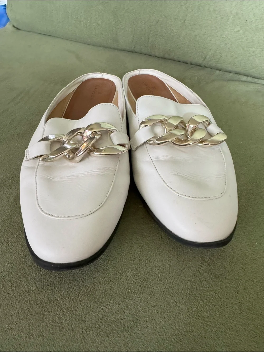 Caslon White Leather Loafers with Gold Chain Accent